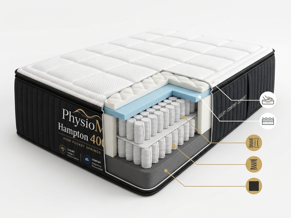 PhysioMA Hampton 4000 Pocket Sprung Mattress cross-section showing internal layers